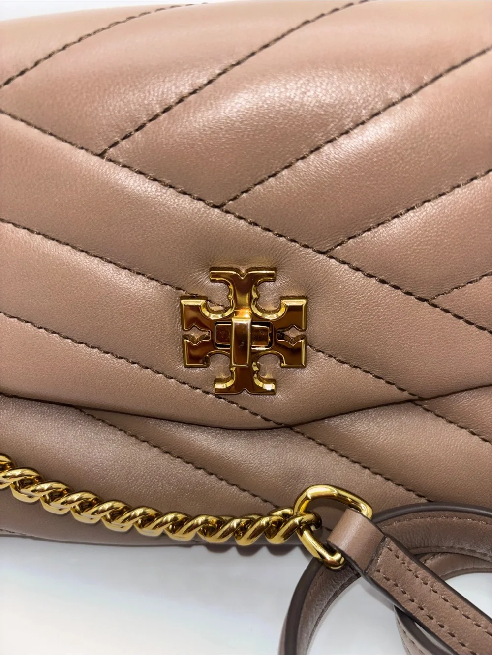 Tory Burch Taupe Chevron Quilted Chain Crossbody